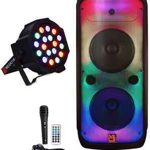 MR DJ FLAME4200 10" X 2 Rechargeable Portable Bluetooth Karaoke Speaker with Party Flame Lights Microphone TWS USB FM Radio + 18-LED Slim Par Wash DJ Light