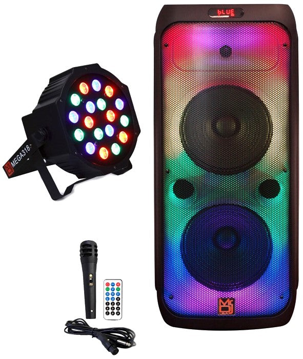 MR DJ FLAME4200 10" X 2 Rechargeable Portable Bluetooth Karaoke Speaker with Party Flame Lights Microphone TWS USB FM Radio + 18-LED Slim Par Wash DJ Light