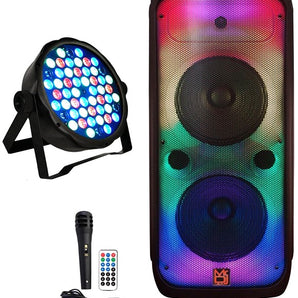 MR DJ FLAME4200 10" X 2 Rechargeable Portable Bluetooth Karaoke Speaker with Party Flame Lights Microphone TWS USB FM Radio + 54-LED Slim Par Wash DJ Light