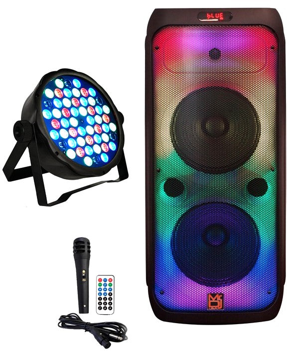 MR DJ FLAME4200 10" X 2 Rechargeable Portable Bluetooth Karaoke Speaker with Party Flame Lights Microphone TWS USB FM Radio + 54-LED Slim Par Wash DJ Light