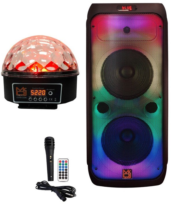 MR DJ FLAME4200 10" X 2 Rechargeable Portable Bluetooth Karaoke Speaker with Party Flame Lights Microphone TWS USB FM Radio + LED Crystal Magic Ball