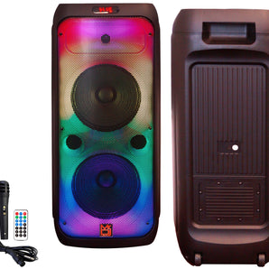 MR DJ FLAME4200 10" X 2 Rechargeable Portable Bluetooth Karaoke Speaker with Party Flame Lights Microphone TWS USB FM Radio + LED Crystal Magic Ball