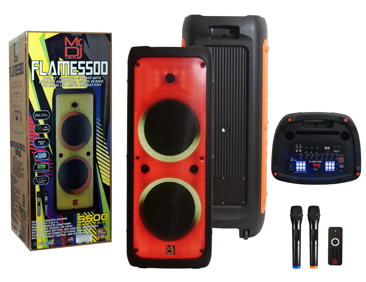 MR DJ FLAME5500LED Dual 12” Karaoke Party Speaker Rechargeable PA System with 2 Wireless Mics, Flame LED Lights, TWS, Portable DJ Sound System