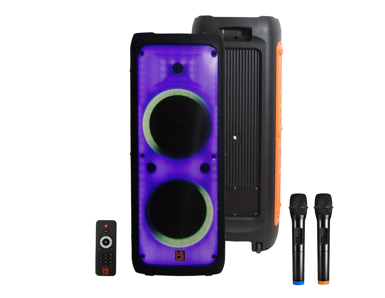 MR DJ FLAME5500LED Dual 12” Karaoke Party Speaker Rechargeable PA System with 2 Wireless Mics, Flame LED Lights, TWS, Portable DJ Sound System