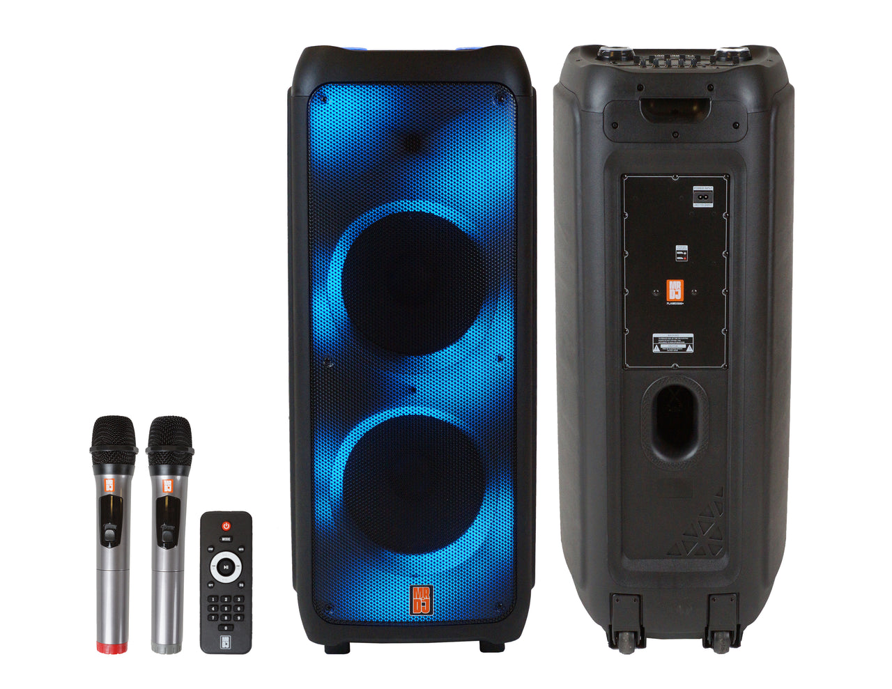 2 MR DJ FLAME5500LED+ 5500W Dual 12” Bluetooth Rechargeable Party Speaker Flame LED Lights 2 Wireless Mic TWS Portable DJ PA System