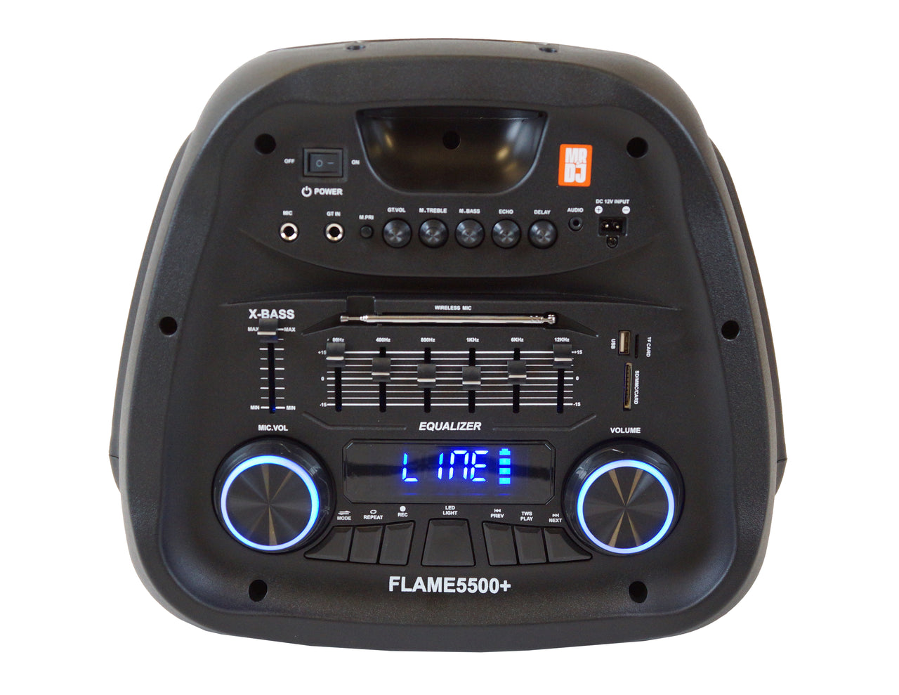 2 MR DJ FLAME5500LED+ 5500W Dual 12” Bluetooth Rechargeable Party Speaker Flame LED Lights 2 Wireless Mic TWS Portable DJ PA System