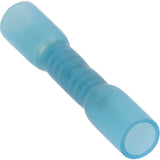 Blue butt connector for 16-14 gauge wiring, designed for heat shrink applications, featuring a durable construction.