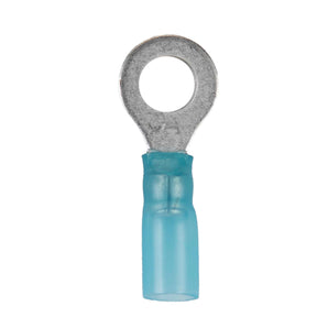 Install Bay HSBRT14 Heat Shrink Blue Ring Terminal 16-14 Gauge 1/4 inch with blue insulation and metallic ring.