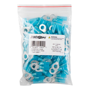 Install Bay HSBRT14 heat shrink blue ring terminal pack containing 100 pieces for 16-14 gauge connections.
