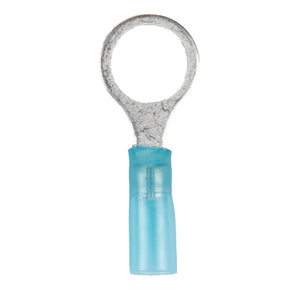 Install Bay HSBRT38 Heat Shrink Blue Ring Terminal 16-14 Gauge 3/8 inch, designed for secure electrical connections.