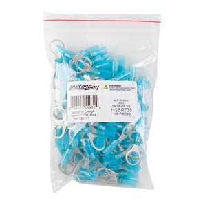 Install Bay HSBRT38 heat shrink blue ring terminal pack containing 100 pieces for 16-14 gauge wiring.