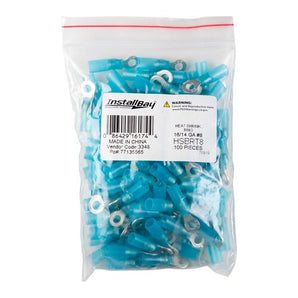 Install Bay HSBRT8 heat shrink blue ring terminal package containing 100 pieces for 16-14 gauge wiring.
