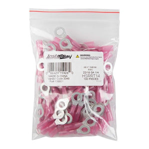 Install Bay HSRRT14 Heat Shrink Ring Terminal 22-18 Gauge in a 100-piece bag for reliable electrical connections.