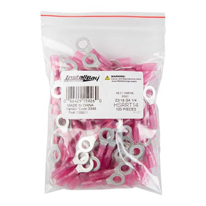 Install Bay HSRPRT14 Heat Shrink Red Ring Terminal 22-18 Gauge 100 pieces in a clear package.