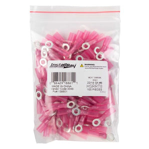 Install Bay HSRRT8 heat shrink red ring terminal pack containing 100 pieces for 22-18 gauge connections.