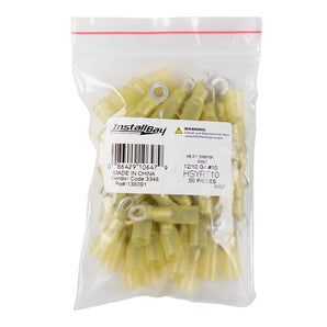 Install Bay HSYRT10 Heat Shrink Yellow Ring Terminal 12-10 Gauge #10 package containing multiple terminals