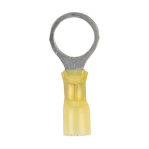 Install Bay HSYRT12 heat shrink yellow ring terminal for 12-10 gauge wiring with 1/2 inch diameter.