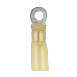 Heat shrink yellow ring terminal for 12-10 gauge wire, designed for durability in harsh environments.