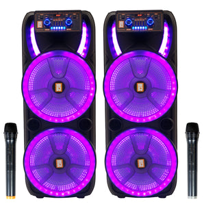 2 MR DJ HOLLYWOOD+ Dual 15" Rechargeable Portable Bluetooth Karaoke Speaker Party Flame Lights with 2 Wireless Microphone TWS USB FM Radio