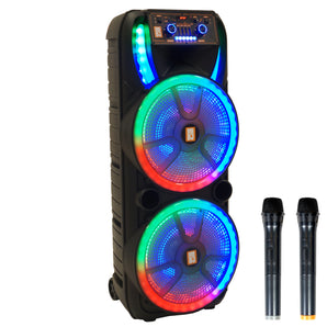 MR DJ HOLLYWOOD+ Dual 15" Rechargeable Portable Bluetooth Karaoke Speaker Party Flame Lights with 2 Wireless Microphone TWS USB FM Radio