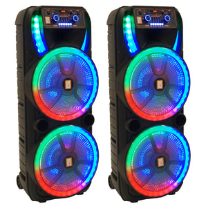 2 MR DJ HOLLYWOOD+ Dual 15" Rechargeable Portable Bluetooth Karaoke Speaker Party Flame Lights with 2 Wireless Microphone TWS USB FM Radio