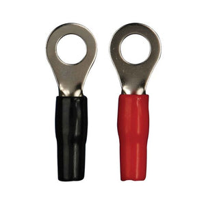 Two nickel ring terminals, one black and one red, showcasing 5/16 inch connection for electrical applications.