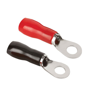 Install Bay IB8GNRT-50 nickel-plated brass ring terminal, red and black, 8 gauge, 5/16 inch, package of 50.