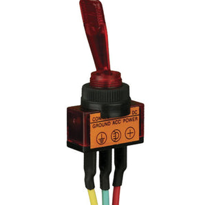 Close-up of Install Bay IBITSG illuminated toggle switch showing red actuator and wiring connections.