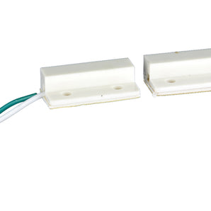 Install Bay IBMS-150 Magnetic Reed Switch with white housing and wires for home or vehicle security systems.