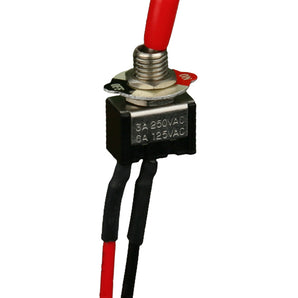 Install Bay IBMTS toggle switch with red actuator and 20 inch leads, suitable for on-off operation in electronics.
