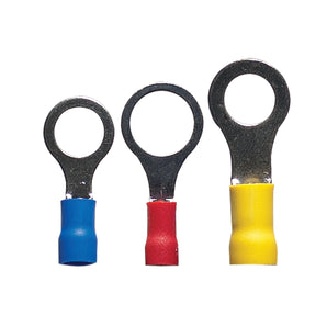 Install Bay assorted ring terminals in red, blue, and yellow vinyl for electrical connections.