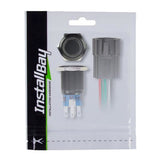 Install Bay IBRBSB19 black round switch with latch and harness in packaging for car installation.