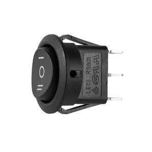 Round rocker switch with momentary function, ideal for various electrical applications.