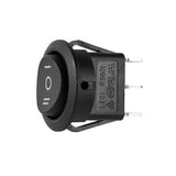 Round rocker switch with momentary function, ideal for various electrical applications.