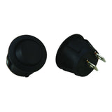 Close-up of Install Bay IBRRS round rocker switch, featuring two black switches with pins, ideal for various electrical applications.
