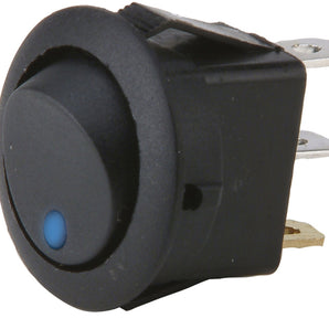 Install Bay IBRRSB round rocker switch with blue LED, designed for 20 amp applications, side view showing terminals.