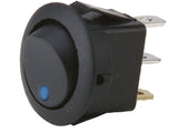 Install Bay IBRRSB round rocker switch with blue LED, designed for 20 amp applications, side view showing terminals.