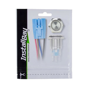 Install Bay IBRSSB16 stainless round switch with latch and harness in package, blue wiring harness included.