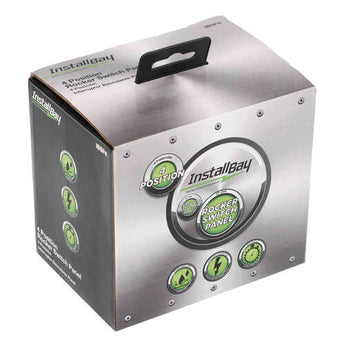 Install Bay IBSP4 packaging featuring 4 switch panel with rocker switch design and electrical control icons.