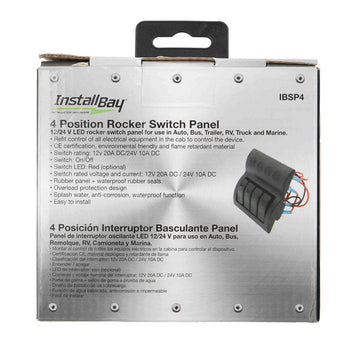 Install Bay IBSP4 packaging featuring 4 switch panel with rocker switch design and electrical control icons.