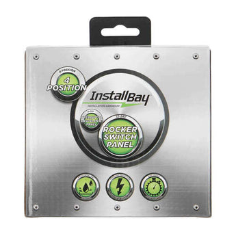 Install Bay IBSP4 packaging featuring 4 switch panel with rocker switch design and electrical control icons.