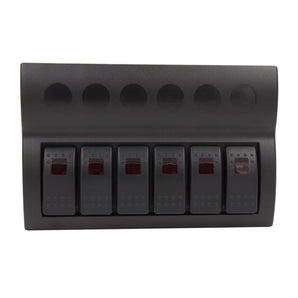 6 switch panel featuring five switches with red lights and a sleek black design.