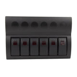 6 switch panel featuring five switches with red lights and a sleek black design.