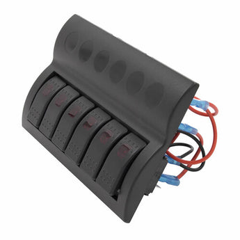 6 switch panel featuring five switches with red lights and a sleek black design.
