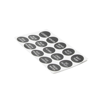 Label sheet featuring various 6 switch Panel labels including 'Bait Pump', 'DC Outlet', and 'Fresh Water'.