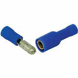 Blue nylon female bullet connector with a male connector for electrical wiring. Blue nylon female bullet connector with a male connector for electrical wiring.