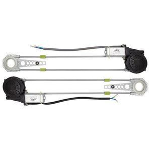 Install Bay JW-93ED Universal Power Window Set components for 2-door vehicles, featuring motors and tracks.