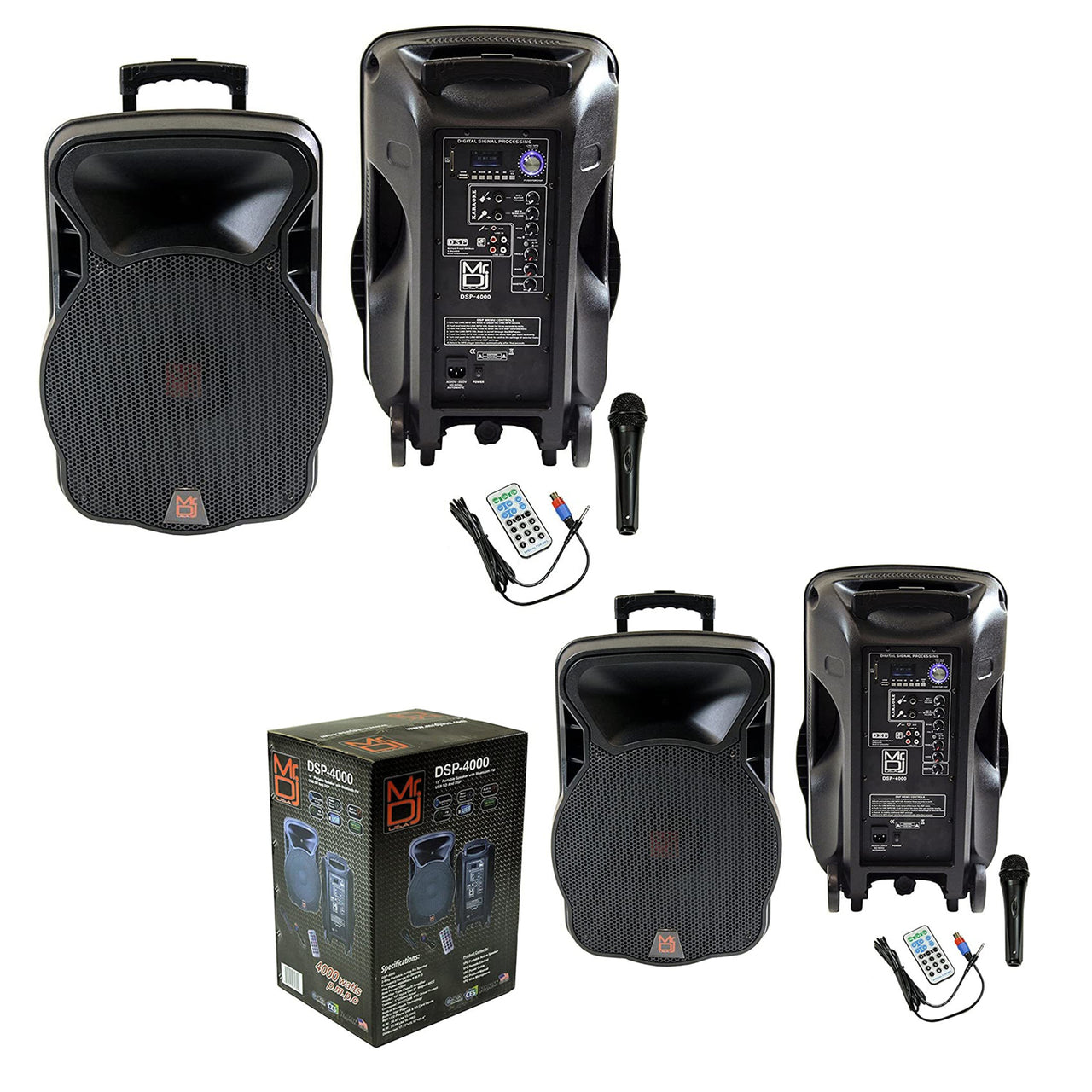 2 Mr. Dj DSP4000 PAIR 15" 4000W Bluetooth  Portable PA DJ Speaker & Stands