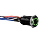 Close-up of Install Bay LB12G-2 black 12MM round illuminated latching switch with green light and colored wires.