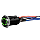 Close-up of Install Bay LB12G-2 black 12MM round illuminated latching switch with green light and colored wires.